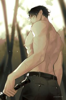 1boy abs black_hair from_behind from_below highres holding holding_sword holding_weapon looking_at_viewer male_focus muscular muscular_male nipples omniscient_reader&#039;s_viewpoint pectorals scar scar_across_eye scar_on_face secretive_plotter serious short_hair solo sword topless_male weapon yellow_eyes yiyuehua yoo_joonghyuk