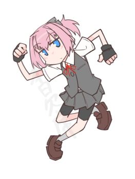 1girl bike_shorts bike_shorts_under_skirt black_gloves black_shorts blue_eyes commentary_request fingerless_gloves full_body gloves grey_skirt grey_vest honketsu kantai_collection looking_at_viewer pink_hair pleated_skirt ponytail shiranui_(kancolle) shiranui_kai_ni_(kancolle) short_hair shorts simple_background skirt solo vest watermark white_background