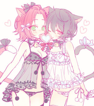 :o ahoge animal_ear_fluff animal_ears babydoll bangs_pinned_back bell black_babydoll black_bow black_hair black_panties blush bow breasts candy cat_ears cat_tail commentary_request curtained_hair detached_collar dress ensemble_stars! food frilled_babydoll frilled_dress frills genderswap genderswap_(mtf) gloves green_eyes hair_between_eyes half_crown_braid highres holding holding_candy holding_food holding_lollipop isara_mao kemonomimi_mode lace-trimmed_babydoll lace_trim lingerie lollipop mamama_ri medium_breasts medium_hair neck_bell one_eye_closed panties pom_pom_(clothes) red_eyes red_hair sakuma_ritsu see-through_clothes short_hair side-tie_panties small_breasts tail tail_bow tail_ornament tongue tongue_out underwear upper_body white_babydoll white_background white_gloves white_panties yuri