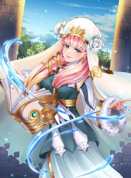 1girl blue_eyes book dress earrings fire_emblem fire_emblem_heroes flower gunnthra_(fire_emblem) headdress highres ice jewelry long_hair long_sleeves magic nintendo pink_hair solo vaniraaa wind wool
