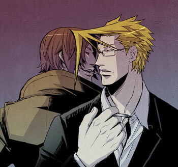 bantrain blonde_hair brown_hair capcom charlie_nash cigarette coat formal_clothes gambit glasses male_focus marvel red_eyes simple_background street_fighter suit togatsuko trench_coat x-men