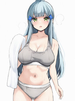 1girl blue_hair blush breasts cleavage commentary cross curious facepaint girls&#039;_frontline green_eyes hair_ornament hairclip hand_up highres hk416_(girls&#039;_frontline) holding holding_towel iron_cross large_breasts long_hair looking_at_viewer navel panties ponytail solo sports_bra standing staring stomach surprised sweat tabii teardrop thighs towel underwear underwear_only very_long_hair white_panties