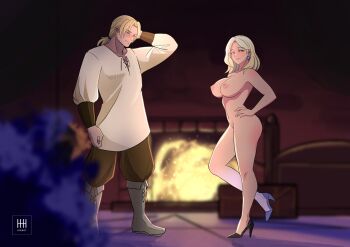 1boy 1girl arm_behind_head artist_name blonde_hair blue_eyes blurry blush breasts closed_mouth clothed_male_nude_female dimitri_alexandre_blaiddyd fire_emblem fire_emblem:_three_houses fire_emblem_heroes fireplace hand_on_own_hip high_heels highres ihsnet indoors large_breasts looking_at_another looking_at_viewer mercedes_von_martritz nintendo nipples nude smile watermark