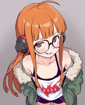 Rule 34 | 1girl, black-framed eyewear, black tank top, fangs, glasses, green jacket, headphones, jacket, long hair, looking at viewer, nattocurryumeee, orange hair, persona, persona 5, sakura futaba, shorts, smile, solo, tank top