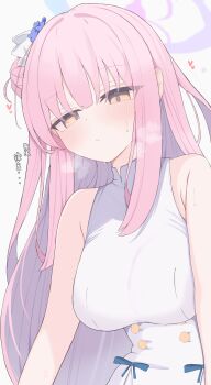 1girl absurdres blue_archive breasts commentary dress hair_bun halo highres large_breasts long_hair looking_at_viewer mika_(blue_archive) nui_(nuinui0300) pink_hair simple_background sleeveless solo variant_set white_dress yellow_eyes