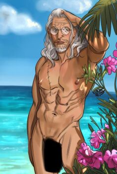 1boy abs bara blue_sky blush completely_nude contrapposto crowsizna dark-skinned_male dark_skin facial_hair feet_out_of_frame flower glasses goatee grey_hair hand_in_own_hair large_pectorals long_hair looking_to_the_side male_focus mature_male muscular muscular_male navel nipples nude ocean old old_man one_piece pectorals pink_flower round_eyewear shadow_censor silvers_rayleigh sky solo standing stomach