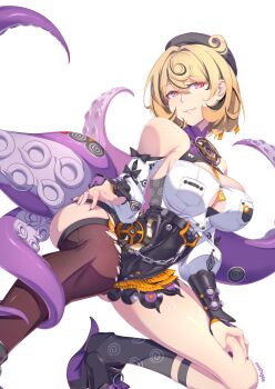 1girl beret black_hair black_hat black_shorts blonde_hair breasts brown_thighhighs closed_mouth hands_on_own_legs hat high-waist_shorts highres large_breasts looking_at_viewer mole mole_under_mouth multicolored_hair nail_polish onshigou purple_nails short_hair shorts single_thighhigh smile solo streaked_hair tentacle_girl tentacles thighhighs yellow_eyes yidhari_murphy zenless_zone_zero