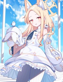 1girl animal animal_on_shoulder bare_shoulders bird bird_on_hand bird_on_shoulder blonde_hair blue_archive blue_necktie blue_sky breasts bright_pupils buttons cloud cowboy_shot detached_sleeves double-breasted dress flower flower_wreath forehead gradient_eyes hair_flower hair_ornament halo highres long_hair multicolored_eyes necktie odeclea open_mouth orange_eyes outdoors pantyhose parted_bangs petticoat sailor_collar seia_(blue_archive) sideboob sky sleeves_past_fingers sleeves_past_wrists small_breasts smile solo sparrow stairs standing striped_clothes striped_pantyhose vertical-striped_clothes vertical-striped_pantyhose very_long_hair white_dress white_pantyhose white_pupils white_sailor_collar yellow_eyes