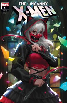 Rule 34 | 1girl, absurdres, animal ears, belt, black belt, black hoodie, black skirt, blurry, blurry background, broken glass, cat ears, comic cover, company name, copyright logo, copyright name, cover, cover page, cowboy shot, dual wielding, ejikure, english text, fake animal ears, frilled skirt, frills, glass, highres, holding, holding sickle, holding weapon, hood, hoodie, logo, long hair, looking at viewer, looking to the side, marvel, mask, midriff, mouth mask, mutina, official art, red eyes, red hood, red mask, red shirt, red trim, shirt, sickle, skirt, solo, stained glass, two-sided hoodie, weapon, white hair, x-men