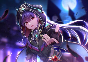 Rule 34 | 1girl, :d, absurdres, backlighting, black dress, black feathers, black gloves, black horns, black jacket, blue hair, blunt bangs, blurry, blurry background, clock, clock tower, commentary request, cowboy shot, demon girl, demon horns, dress, dutch angle, eyelashes, eyes visible through hair, falling feathers, feathers, fingerless gloves, fingernails, floating hair, full moon, glint, gloves, hair between eyes, heaven burns red, highres, hood, hood up, hooded jacket, horns, jacket, light particles, long hair, long sleeves, looking at viewer, moon, moonlight, night, official alternate costume, open mouth, outdoors, reaching, reaching towards viewer, red eyes, rrtp, satsuki mari, sidelocks, smile, solo, tower, twintails, v-shaped eyebrows, very long hair