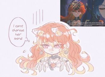 2girls animal_ears augusta_(wuthering_waves) blue_hair carlotta_(wuthering_waves) cat_ears closed_eyes closed_mouth commentary earrings english_commentary english_text game_screenshot_inset iuno_(wuthering_waves) jewelry kemonomimi_mode kyrus_hiki long_hair multiple_girls red_eyes red_hair speech_bubble thought_bubble wuthering_waves yellow_eyes