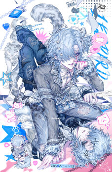 1boy absurdres anger_vein animal_ears blood blue_eyes blue_hair chibi denim hair_ornament hair_over_one_eye hairclip heart highres jacket jewelry leopard_ears leopard_tail long_sleeves looking_at_viewer lying male_focus original pants shifeng shirt short_hair speech_bubble tail torn_clothes torn_pants
