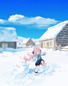 1girl absurdres animal_ear_fluff animal_ears animal_feet ankle_strap black_dress blue_shirt braid braided_twintails chinese_commentary commentary_request dress furry furry_female hair_ornament highres long_hair open_mouth outdoors pinafore_dress pink_hair rabbit_ears rabbit_girl shirt sleeveless sleeveless_dress snowman solo sphere_hair_ornament teeth upper_teeth_only very_long_hair wide_shot zenless_zone_zero zhao_(zenless_zone_zero) zhizhi632318513