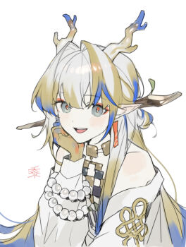 1girl :d arknights bare_shoulders beads blonde_hair blue_hair colored_extremities commentary dragon_girl dragon_horns earrings eyeliner grey_eyes grey_hair grey_jacket head_rest horns jacket jewelry korean_commentary long_hair long_sleeves looking_at_viewer makeup multicolored_hair off_shoulder open_mouth orange_eyeliner pointy_ears shu_(arknights) simple_background smile solo somok teeth upper_body upper_teeth_only white_background