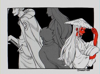 Rule 34 | 4boys, blunt bangs, coat, colored skin, commentary request, denjirou (one piece), hat, highres, kikunojo (one piece), larugo0513, long hair, male focus, multiple boys, one piece, profile, red skin, sash, sideburns, spot color, twitter username, wide sleeves