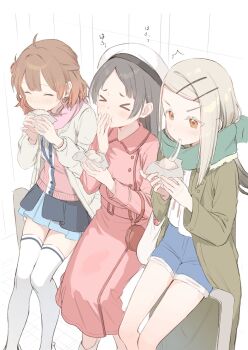 >_< 3girls ahoge bag beret black_hair black_overskirt blue_ribbon blue_shorts blue_skirt blush brown_hair camisole cardigan closed_eyes coat collared_dress colored_eyelashes commentary_request covering_own_mouth denim denim_shorts dress eating elbow_carry feet_out_of_frame food food_request gakuen_idolmaster gradient_hair green_coat green_scarf grey_hair hair_ornament hairclip hanami_ume hands_up hat hatsuboshi_gakuen_school_uniform highres holding holding_food idolmaster kuramoto_china long_coat long_hair long_sleeves looking_at_object medium_hair miniskirt multicolored_hair multiple_girls neck_ribbon open_clothes open_coat orange_eyes overskirt parallel_hairclips parted_bangs pink_cardigan plastic_bag red_bag red_dress ribbon scarf school_uniform shinosawa_hiro shorts sitting skirt tetta_(tettaakira) thighhighs white_background white_camisole white_coat white_hat white_thighhighs