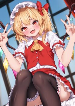 1girl :d ascot black_thighhighs blush bow buttons collared_shirt commentary_request convenient_leg crystal_wings day double_v dutch_angle eyelashes fang feet_out_of_frame flandre_scarlet frilled_shirt_collar frilled_skirt frilled_sleeves frilled_thighhighs frills furrowed_brow hair_between_eyes hair_bow hair_over_shoulder hands_up hat highres indoors looking_at_viewer medium_hair miniskirt mob_cap naughty_face open_mouth puffy_short_sleeves puffy_sleeves red_bow red_eyes red_skirt red_vest shirotsuki_shirone shirt short_sleeves side_ponytail sitting skin_fang skirt sleeve_bow smile solo thighhighs thighs touhou v vest white_hat white_shirt window wings yellow_ascot