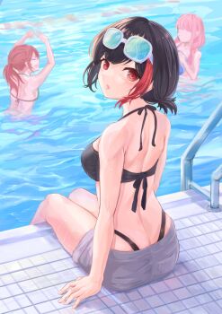 3girls ball bang_dream! beachball bikini bikini_bottom_under_shorts bikini_under_clothes black_bikini black_hair breasts commentary english_commentary engrish_commentary eyewear_on_head green_bikini grey_shorts halterneck highres holding holding_ball holding_beachball large_breasts looking_at_viewer mitake_ran multiple_girls open_mouth pink_hair ponytail pool red_eyes red_hair red_streaks short_hair shorts sitting sunnysalt_08 swimsuit udagawa_tomoe uehara_himari