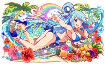 1girl anime_coloring apple aqua_(konosuba) aqua_eyes aqua_hair artist_request ass bare_arms bare_back bare_legs bare_shoulders beach bikini blue_bikini blue_outline blue_sandals blush bow bow_bikini breasts cloud coconut coconut_tree crash_fever cup dot_nose drink drinking_glass drinking_straw english_text floating_hair flower flower_in_drink food fruit full_body game_cg grapes green_eyes grey_sandals hair_bobbles hair_ornament half_updo head_rest heart hibiscus high_heels katsuyamamage kono_subarashii_sekai_ni_shukufuku_wo! large_breasts leaf legs legs_up lemon lemon_slice lens_flare light_particles light_rays long_hair long_sidelocks looking_at_viewer lotion lying mango mango_slice number_print numbered ocean official_art on_stomach one_eye_closed open_mouth orange_(fruit) orange_flower orange_slice outline palm_leaf palm_tree pink_flower pointing purple_grapes rainbow red_flower red_outline sandals sideboob sidelocks solo sparkle square square_print strappy_heels strawberry sunbeam sunlight sunscreen swimsuit tachi-e third-party_source toes tongue too_many_flowers towel transparent_background tree two-tone_sandals very_long_hair water water_drop white_bow white_flower