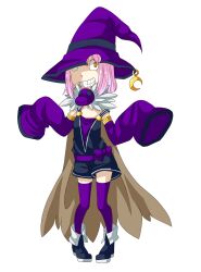 Rule 34 | 1girl, alchemist (ragnarok online), black boots, black dress, boots, brown cape, cape, commentary request, crescent, crescent hat ornament, detached sleeves, dress, full body, fur collar, grin, hat, hat ornament, hat over one eye, highres, looking at viewer, meiko (nattu303), orange eyes, pink hair, purple hat, purple sleeves, purple thighhighs, ragnarok online, short hair, simple background, sleeveless, sleeveless dress, sleeves past fingers, sleeves past wrists, smile, solo, standing, thighhighs, white background, witch hat