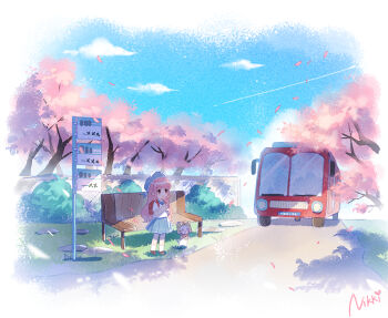 1girl animal artist_request bare_arms bench beret black_eyes blue_hat blue_ribbon blue_sailor_collar blue_skirt blue_sky blunt_bangs border bow bowtie brown_eyes brown_footwear bus bus_stop bush capelet cat chain-link_fence cherry_blossoms chibi chinese_commentary clenched_hands clothed_animal cloud commentary_request copyright_name day ear_covers eyelashes fence grass hands_on_own_chest happy hat hat_ribbon highres hood hood_up hooded_capelet kneehighs long_hair looking_ahead miniskirt momo_(nikki) motor_vehicle nikki_(nikki) nikki_(series) official_art orange_bow orange_bowtie outdoors own_hands_together path petals pink_hair pleated_skirt ribbon road sailor_collar school_uniform second-party_source shade shadow shining_nikki shirt shoes short_sleeves skirt sky socks solid_oval_eyes spring_(season) standing traditional_bowtie tree very_long_hair wavy_hair whiskers white_border white_cat white_shirt white_socks yellow_capelet