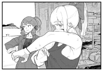 2girls akashi_(kancolle) alternate_costume alternate_hairstyle armpits artist_request bare_shoulders blunt_bangs border bow box breast_pocket breasts cardboard_box clock closed_mouth cloth_pull clothes_grab collarbone dirty dirty_face gloves greyscale hair_bow hair_ribbon hand_on_own_hip jumpsuit kantai_collection long_hair long_sleeves looking_at_viewer looking_to_the_side monochrome mountain multiple_girls pier pocket ponytail ribbon shelf sidelocks sleeveless sleeves_rolled_up smile sweat nervous_sweating table tank_top tools tress_ribbon upper_body warehouse white_border yuubari_(kancolle)