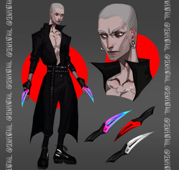 1boy abs absurdres aegyo_sal black_gloves black_shirt buzz_cut chain chain_necklace contrapposto dagger dead_by_daylight earrings full_body furrowed_brow gloves highres holding holding_dagger holding_knife holding_weapon hoop_earrings jewelry knife looking_at_viewer male_focus multiple_views necklace open_clothes open_shirt pectorals popped_collar scar scar_on_face serpentahl shirt short_hair sleeves_rolled_up the_trickster_(dead_by_daylight) toned toned_male twitter_username very_short_hair weapon wide-leg_pants