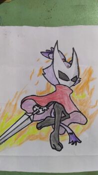 Rule 34 | animal ears, black bodysuit, blaze the cat, bodysuit, cape, cat ears, cat girl, cat tail, cosplay, fiery background, fire, from behind, gloves, high ponytail, highres, holding, holding weapon, hollow knight, hollow knight: silksong, hornet (hollow knight) (cosplay), looking to the side, mask, masked, needle, photo (medium), ponytail, purple fur, red cape, sonic (series), tail, traditional media, violet fur, weapon, white gloves