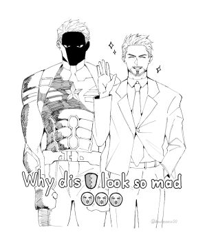 Rule 34 | 2boys, artist name, avengers (series), belt, bodysuit, buttons, captain america, clenched hands, closed eyes, collared shirt, cowboy shot, crying emoji, emoji, english text, face in shadow, facial hair, fingerless gloves, formal clothes, gloves, hand in pocket, hand up, highres, jacket, lapels, long sleeves, male focus, marvel, mcnn0000, meme, monochrome, multiple boys, muscular, muscular male, necktie, pants, pocket, shield, shirt, short hair, simple background, smile, sparkle, standing, star (symbol), steve rogers, suit, suit jacket, superhero costume, teeth, tony stark, v-shaped eyebrows, why dis ninja look so mad (meme)