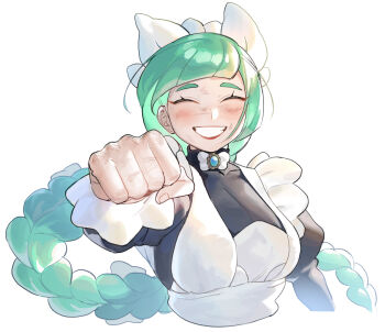 1girl absurdres anipoke_uruto apron braid clenched_hand closed_eyes cropped_torso dirty green_hair grin highres incoming_fist_bump lebanne_(pokemon) long_hair maid_apron maid_headdress nintendo piercing_hole pokemon pokemon_legends:_z-a single_braid smile white_background