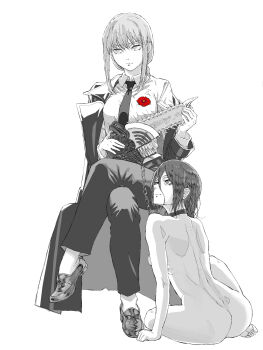 2girls absurdres ass breasts chain chain_leash chainsaw chainsaw_man choker clothed_female_nude_female coat collar collared_shirt denji_(chainsaw_man) flower formal_clothes greyscale highres holding_detached_head invisible_chair kiserenntarou_(moromoro) leash looking_at_another makima_(chainsaw_man) medium_breasts monochrome multiple_girls necktie nude pant_suit pants red_flower reze_(chainsaw_man) shirt shoulder_blades sidelocks sitting small_breasts spot_color suit