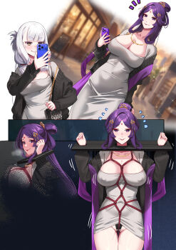 Rule 34 | 2girls, absurdres, bdsm, blunt bangs, blush, bondage, bound, bound torso, bound wrists, breast bondage, breasts, cellphone, cleavage, collarbone, commentary request, crotch rope, dongtan dress, dress, facial mark, grey dress, grey hair, hair ribbon, hie (hiememiko), hiememiko, highres, holding, jewelry, kantai collection, large breasts, long hair, long sleeves, medium breasts, multiple girls, murakumo (kancolle), necklace, original, pencil dress, phone, purple eyes, purple hair, pussy juice, red rope, restrained, ribbon, rope, shibari, shibari over clothes, skirt, smartphone, smile, taut clothes, taut dress, tight clothes, tight dress, tress ribbon, very long hair, yellow eyes