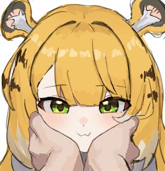 1girl animal_ears blonde_hair closed_mouth green_eyes hands_on_another&#039;s_cheeks hands_on_another&#039;s_face ju_fufu long_hair looking_at_viewer minez portrait pov pov_hands simple_background smile tiger_ears white_background zenless_zone_zero