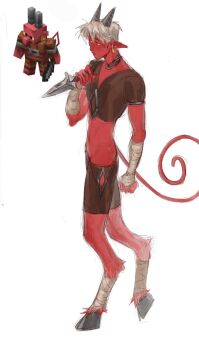 1boy bandaged_arm bandaged_leg bandages clothing_cutout colored_skin crop_top dagger demon_boy demon_horns demon_tail hip_vent holding holding_dagger holding_knife holding_weapon hooves horns knife male_focus minecraft mrkbs pointy_ears red_skin reference_inset simple_background solo tail weapon white_background white_hair