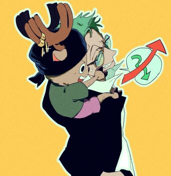 Rule 34 | 2boys, antlers, bandana, black bandana, clenched teeth, commentary request, earrings, glint, green hair, green shirt, hiems xii, horns, jewelry, korean commentary, male focus, multiple boys, on shoulder, one piece, orange background, profile, reindeer antlers, roronoa zoro, shirt, shorts, simple background, sweatdrop, teeth, tony tony chopper, v-shaped eyebrows