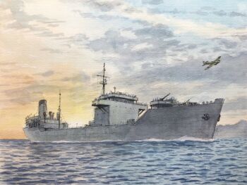 aircraft airplane anti-aircraft anti-aircraft_gun atelier_bono cloud commentary_request highres military_vehicle no_humans ocean original painting_(medium) sailing seria_maru_(tanker) ship sky sunrise traditional_media warship watercolor_(medium) watercraft waves