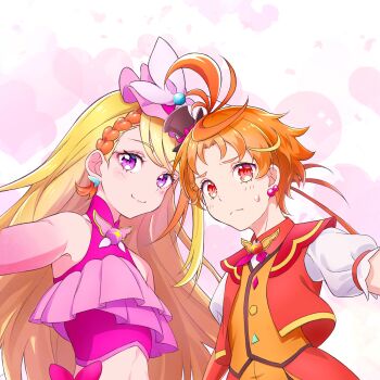 Rule 34 | 1boy, 1girl, black hat, blonde hair, bow, braid, braided bangs, brooch, butterfly hat ornament, closed mouth, commentary, cropped shirt, cure butterfly, cure wing, earrings, frilled shirt, frills, frown, gloves, gradient gloves, hat, hat ornament, heart, highres, hijiri ageha, hirogaru sky! precure, jacket, jewelry, kyoutsuugengo, long hair, low ponytail, magical boy, magical girl, midriff, mini hat, mini top hat, mob cap, multicolored hair, navel, orange hair, orange jacket, orange vest, pink gloves, pink hat, pink shirt, pink skirt, ponytail, precure, puffy short sleeves, puffy sleeves, purple eyes, red eyes, selfie, shirt, short sleeves, side-by-side, skirt, skirt bow, sleeveless, sleeveless shirt, smile, sweatdrop, tilted headwear, top hat, two-tone hair, upper body, very long hair, vest, wing brooch, yuunagi tsubasa