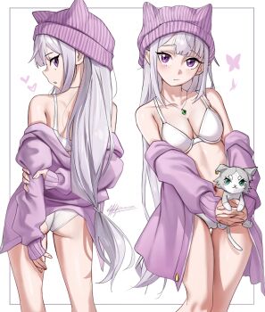 1girl arms_behind_back ass bare_shoulders bra breasts cardigan closed_mouth commentary elf emilia_(re:zero) english_commentary feet_out_of_frame from_behind green_eyes grey_hair hat hat_with_ears heart highres holding_own_arm inset_border jewelry legs_together long_hair long_sleeves looking_at_viewer looking_back low-tied_long_hair medium_breasts multiple_views necklace off_shoulder open_cardigan open_clothes paid_reward_available panties parted_lips pendant pink_cardigan pink_hat pointy_ears puck_(re:zero) purple_eyes re:zero_kara_hajimeru_isekai_seikatsu sideways_mouth signature simple_background sleeves_past_wrists standing thigh_gap twitter_username underwear very_long_hair waligner white_background white_bra white_panties