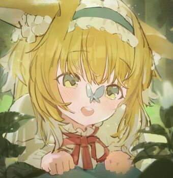 Rule 34 | 1girl, :d, animal ear fluff, animal ears, arknights, blonde hair, blue hairband, bug, butterfly, butterfly on nose, commentary, day, english commentary, fox ears, fox girl, frilled hairband, frills, green eyes, hairband, highres, insect, light blush, light particles, neck ribbon, open mouth, outdoors, plant, pwooka21, red ribbon, ribbon, smile, solo, suzuran (arknights), suzuran (spring praise) (arknights), teeth, upper body, upper teeth only