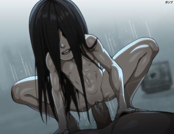 1boy 1girl abs absurdres barefoot black_hair cowgirl_position femdom ghost highres large_penis loli long_hair muscular muscular_arms muscular_child muscular_female muscular_legs navel penis ponpu_(pumpkinsinclair) rain straddling teeth television the_ring veins veiny_penis yamamura_sadako