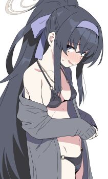 Rule 34 | 1girl, absurdres, bikini, black bikini, blue archive, blue eyes, blush, breasts, brown halo, cardigan, collarbone, grey cardigan, hairband, halo, highres, jewelry, long hair, looking at viewer, necklace, o-ring, o-ring bikini, o-ring bottom, o-ring top, off shoulder, open cardigan, open clothes, parted lips, ponytail, purple hairband, rangee, simple background, single bare shoulder, sleeves past wrists, small breasts, solo, standing, sweatdrop, swimsuit, ui (blue archive), ui (swimsuit) (blue archive), very long hair, white background