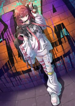 1girl black_choker black_hoodie choker commentary_request flask_(pandora) gun hair_between_eyes handgun highres holding holding_gun holding_weapon holster hood hoodie long_hair looking_at_viewer multicolored_thighhighs original red_hair red_thighhighs shoes single_loose_sock single_thighhigh socks solo striped_clothes striped_thighhighs thigh_holster thighhighs thighs two-tone_hoodie two-tone_thighhighs weapon white_hoodie white_shoes white_socks white_thighhighs yellow_eyes