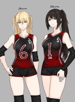 2girls arm_warmers black_arm_warmers black_hair blonde_hair breasts brown_eyes collarbone commentary_request elbow_brace finger_wrap fuku_(fuku12290574) grey_background hand_on_own_hip hand_on_own_thigh highres large_breasts long_hair makino_(fuku_(fuku12290574)) multiple_girls original sportswear takamine_(fuku_(fuku12290574)) thighs volleyball_uniform yellow_eyes