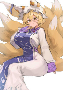 Rule 34 | 1girl, arm behind back, blonde hair, blue tabard, breasts, brown eyes, closed mouth, collar, commentary, crossed bangs, double-parted bangs, dress, feet out of frame, fox girl, fox tail, frilled collar, frills, hair between eyes, hand on own chin, hat, highres, large breasts, long sleeves, looking at viewer, mob cap, multiple tails, ofuda, protectload, purple collar, purple trim, short hair, simple background, sitting, sleeves past wrists, smile, solo, tabard, tail, touhou, white background, white dress, white hat, wide sleeves, yakumo ran