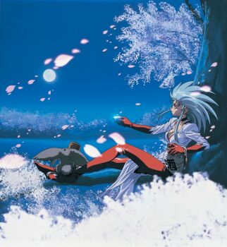 1990s_(style) 1girl alcohol bottle cabbit carrot cherry_blossoms choker cup earrings full_moon gloves green_hair jewelry moon night non-web_source official_art outdoors outstretched_arm profile red_gloves retro_artstyle ryou-ouki ryouko_(tenchi_muyou!) sakazuki sake sake_bottle sidelocks sitting solo sphere_earrings spiked_hair tenchi_muyou! tree