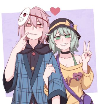 1boy 1girl alternate_costume arm_up bag bandaid_print black_choker black_hat blue_shirt blush border bow buttons choker clenched_teeth collarbone commentary double-parted_bangs eye_print fingernails fingersmile genderswap genderswap_(ftm) green_eyes green_hair green_nails green_tank_top grin hair_between_eyes half-closed_eyes hat hat_bow hat_ribbon hata_no_kokoro heart heart_print kiryuu_soma komeiji_koishi layered_shirt long_fingernails long_sleeves mask mask_on_head medium_hair open_mouth pink_eyes pink_hair plaid_clothes plaid_shirt puffy_long_sleeves puffy_sleeves purple_background purple_bag purple_eyes ribbon sharp_teeth shirt short_hair short_sleeves shoulder_bag simple_background smile star_(symbol) star_button sweater swept_bangs tank_top teeth touhou upper_body v white_border yellow_bow yellow_ribbon yellow_sweater