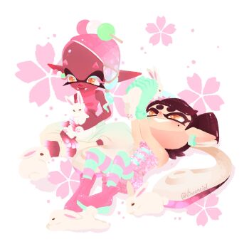 bow-shaped_hair callie_(splatoon) callie_(springfest)_(splatoon) cephalopod_eyes earrings flower food food_on_head frye_(splatoon) frye_(springfest)_(splatoon) highres inkling jewelry mole mole_under_eye multiple_earrings nintendo object_on_head official_alternate_costume rabbit simple_background splatoon_(series) splatoon_1 splatoon_2 splatoon_3 squid tentacle_hair vincenciel white_background