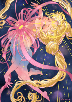1girl artist_name ass barefoot bishoujo_senshi_sailor_moon blonde_hair breasts closed_eyes commentary dated english_commentary head_back henshin highres large_breasts long_hair magical_girl mochironmochi nude open_mouth sailor_moon sparkle tsukino_usagi twintails very_long_hair