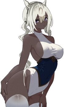 1girl absurdres arknights bare_arms bare_shoulders binware blonde_hair blue_leotard breasts camel_ears camel_girl collarbone covered_erect_nipples cowboy_shot dark-skinned_female dark_skin hair_between_eyes hair_tie hairband hand_on_own_thigh highres large_breasts leaning_forward leotard long_hair multicolored_leotard no_panties no_pants pout purple_eyes raised_inner_eyebrows sideboob sidelocks solo standing thighhighs transparent_background tuye_(arknights) very_long_hair white_leotard white_thighhighs