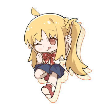 1girl ;q absurdres ahoge blonde_hair blue_skirt blush bocchi_the_rock! bow bowtie brown_eyes chibi chibi_only chinese_commentary closed_mouth commentary_request dot_nose drop_shadow drumsticks full_body highres holding holding_drumsticks ijichi_nijika long_hair looking_at_viewer one_eye_closed pleated_skirt polka_dot polka_dot_bow polka_dot_bowtie red_bow red_bowtie red_shoes school_uniform shimokitazawa_high_school_uniform shirt shoes short_sleeves side_ponytail simple_background skirt smile socks solo standing standing_on_one_leg tianqiyubao_euc tongue tongue_out white_background white_shirt white_socks